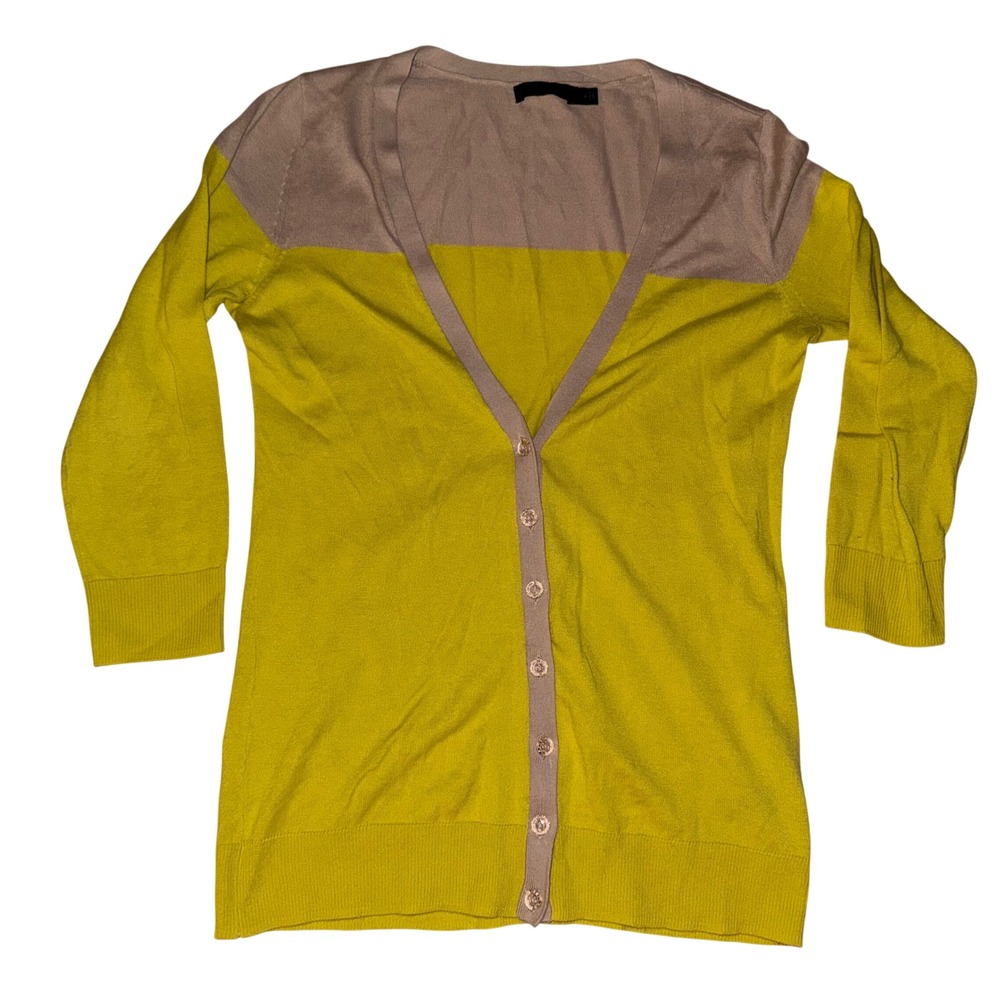 The Limited Yellow Taupe Color Block‎ Cardigan Sweater Button Up Knit Size S Y2K